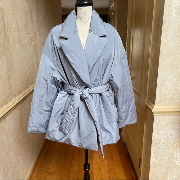 ZARA Padded Blazer Style Jacket with Belt Dusty Blue Quilted Puffer Coat Size XL - Picture 5 of 14